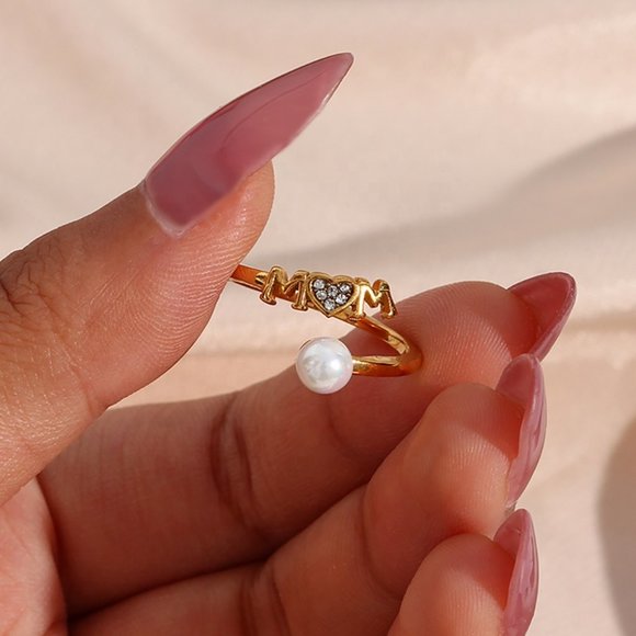 Mom Adjustable Pearl Zircon Heart Stackable Ring 18K Gold Plated Stainless Steel - Picture 4 of 11